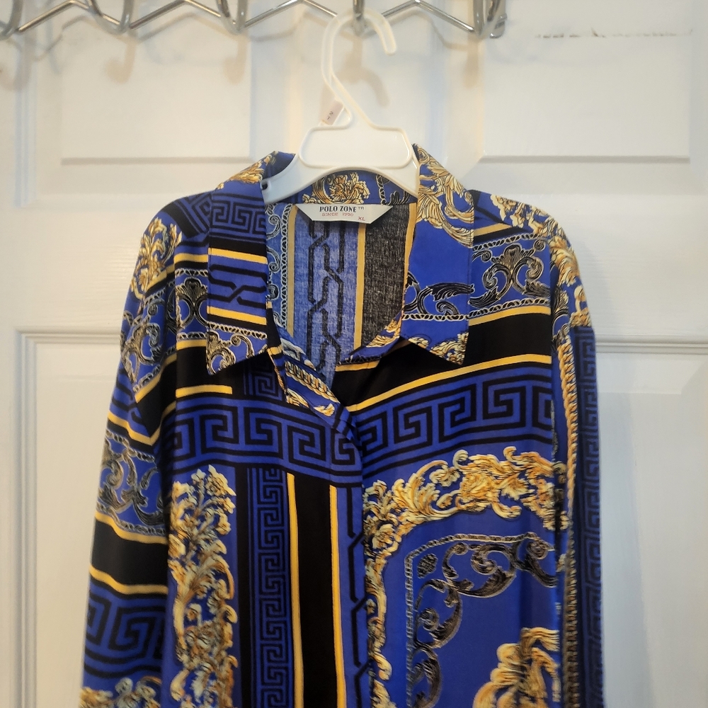 Dress shirt ..knee length blue ,black and gold